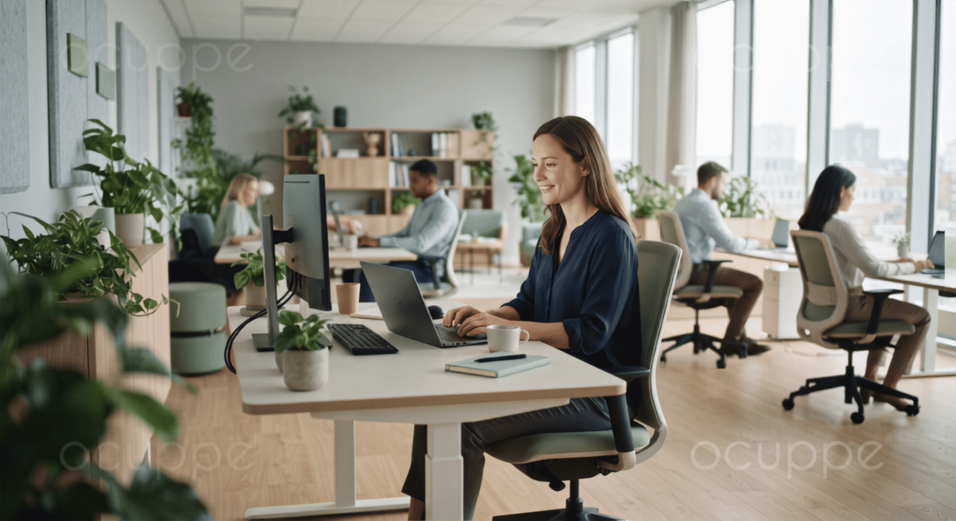 Gestão de riscos psicossociais no ambiente de trabalho moderno e calmo.